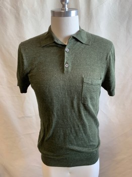 Mens, Polo, SUIT SUPPLY, Olive Green, Linen, Cotton, Solid, Heathered, XS, Short Sleeves, 3 Pockets, Chest Pocket, Rib Knit Cuffs and Waistband
