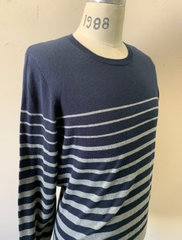 Mens, Pullover Sweater, AG, Navy Blue, Gray, Cotton, Stripes - Horizontal , M, Knit, Long Sleeves, Crew Neck