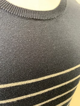 Mens, Pullover Sweater, AG, Navy Blue, Gray, Cotton, Stripes - Horizontal , M, Knit, Long Sleeves, Crew Neck