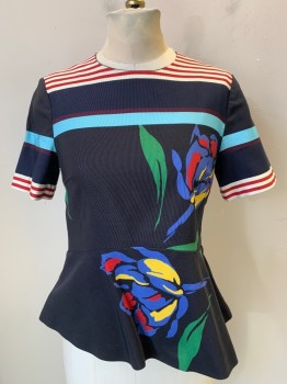 Womens, Top, SUNO, Black, Navy Blue, Red, Ecru, Yellow, Cotton, Floral, Stripes - Horizontal , B 32, 2, Faille Texture, Short Sleeves, Peplum, TV Alteration of 2 Back Darts and Center Back Invisible Zipper,