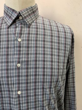 Mens, Casual Shirt, Bloomingdales, Gray, Lt Gray, White, Red, Navy Blue, Cotton, Plaid, L, L/S, Button Front, Collar Attached