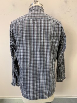 Mens, Casual Shirt, Bloomingdales, Gray, Lt Gray, White, Red, Navy Blue, Cotton, Plaid, L, L/S, Button Front, Collar Attached