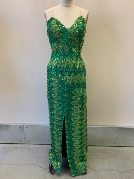 Womens, 1960s Vintage, Piece 1, NO LABEL, Green, Emerald Green, Lime Green, Polyester, Silk, Zig-Zag , W28, B34, Spaghetti Strap, V Neck, Full Sequins, Front Slit, Side Zipper, MTO