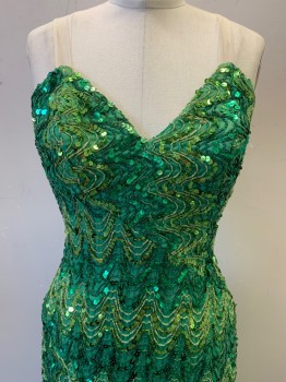 Womens, 1960s Vintage, Piece 1, NO LABEL, Green, Emerald Green, Lime Green, Polyester, Silk, Zig-Zag , W28, B34, Spaghetti Strap, V Neck, Full Sequins, Front Slit, Side Zipper, MTO