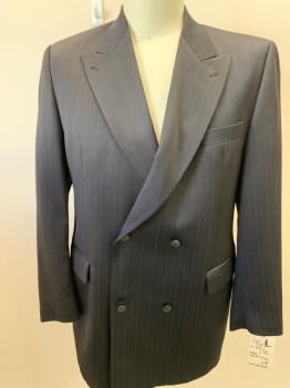 Mens, Suit, Jacket, TESSLISTRONA, Black, Wool, Stripes, Double Breasted, Peaked Lapel, 3 Pockets, Self Stripes
