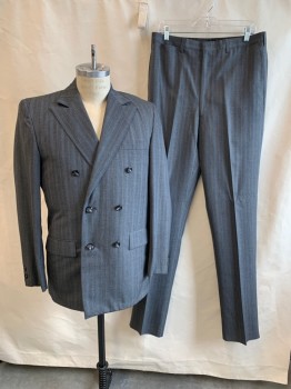 DACRON & WORSTED, Dk Gray, Blue, White, Wool, Stripes - Pin, Peaked Lapel, Double Breasted, Button Front, 3 Pockets