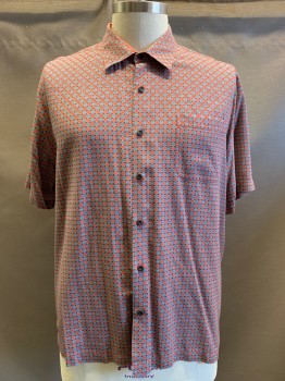 Mens, Casual Shirt, NAT NAST, Red, Teal Blue, Dk Brown, White, Silk, Mosaic Pattern, XL, S/S, Button Front, Collar Attached, Chest Pocket