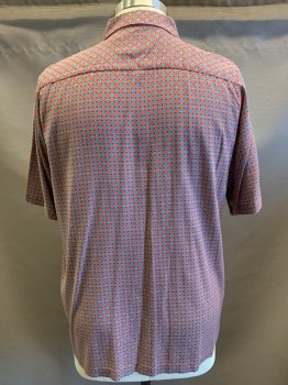 Mens, Casual Shirt, NAT NAST, Red, Teal Blue, Dk Brown, White, Silk, Mosaic Pattern, XL, S/S, Button Front, Collar Attached, Chest Pocket