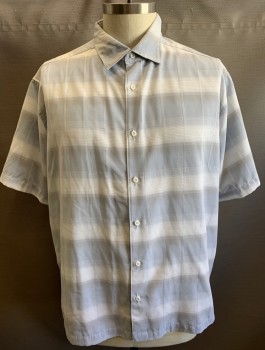 Mens, Casual Shirt, CAFE LUNA, Lt Gray, Gray, Polyester, Stripes - Shadow, 2XL, Short Sleeves, Button Front, Collar Attached
