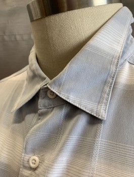 Mens, Casual Shirt, CAFE LUNA, Lt Gray, Gray, Polyester, Stripes - Shadow, 2XL, Short Sleeves, Button Front, Collar Attached