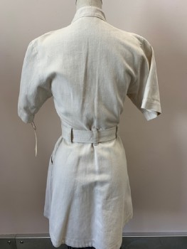 Womens, Dress, Short Sleeve, ALC, Off White, Cotton, Solid, 2, B.F. Placket, Stitched Open Band Collar, 2 Flap Pockets, 2 Slant Pockets, Self Tie Belt, Pleated Skirt