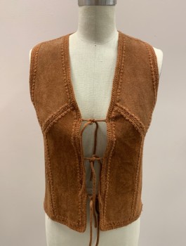 Womens, Vest, MODERN JUNIORS, Terracotta Brown, Suede, Cotton, Patchwork, M, Tie Front, Rib Knit Back, V-N