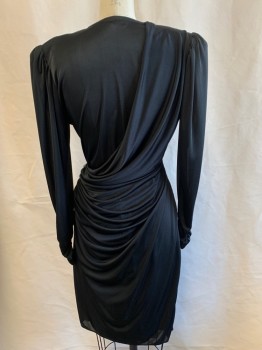 Womens, Cocktail Dress, FILIGREE, Black, Synthetic, Sequins, Solid, Surplice Front V Neck Wrap, Shoulder Pads, L/S, Ruching @ Cuff, Button Closure/ Sequin Flower/ Pleating/ Draped Fabric @ Left Side Waist, Hem Below Knee