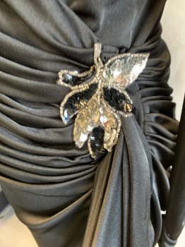 FILIGREE, Black, Synthetic, Sequins, Solid, Surplice Front V Neck Wrap, Shoulder Pads, L/S, Ruching @ Cuff, Button Closure/ Sequin Flower/ Pleating/ Draped Fabric @ Left Side Waist, Hem Below Knee