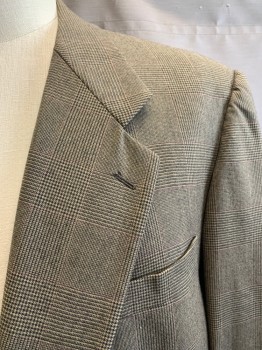 NO LABEL, Khaki Brown, Black, Brown, Wool, Glen Plaid, Notched Lapel, Single Breasted, Button Front, 2 Buttons, 3 Pockets