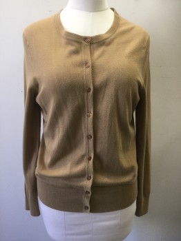 Womens, Sweater, CHARTER CLUB, Camel Brown, Polyester, Rayon, Solid, L, Knit, Scoop Neck, B.F., L/S, Rib Knit Neck/Placket/Waistband/Cuffs