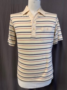 Mens, Polo Shirt, SEARS, Lt Beige, Multi-color, Cotton, Polyester, Stripes, C 44, L, C.A., Half Placket, Button Front, S/S, 1 Pocket, Navy, Dark Red, Light Yellow Stripes