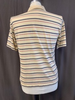 SEARS, Lt Beige, Multi-color, Cotton, Polyester, Stripes, C.A., Half Placket, Button Front, S/S, 1 Pocket, Navy, Dark Red, Light Yellow Stripes