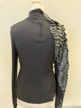 Womens, Sci-Fi/Fantasy Top, CQ BY CQ, Black, Polyester, Spandex, Solid, M, B:34, Scaled Faux Leather  On Right Sleeve   Leather Mock Neck CB Zip