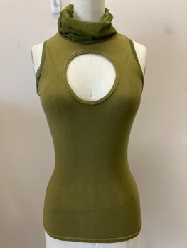 NO LABEL, Olive Green, Moss Green, Cotton, Polyester, Solid, Jersey Knit, Mesh Turtleneck, Back, And Trim, Round Cutout On Center Chest