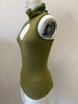 Womens, Sci-Fi/Fantasy Top, NO LABEL, Olive Green, Moss Green, Cotton, Polyester, Solid, W: 22, B: 26, Jersey Knit, Mesh Turtleneck, Back, And Trim, Round Cutout On Center Chest