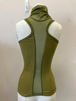 Womens, Sci-Fi/Fantasy Top, NO LABEL, Olive Green, Moss Green, Cotton, Polyester, Solid, W: 22, B: 26, Jersey Knit, Mesh Turtleneck, Back, And Trim, Round Cutout On Center Chest