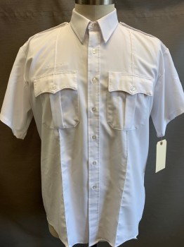 ELBECO, White, Poly/Cotton, Solid, Short Sleeves, Button Front, Collar Attached, Epaulets, 2 Pockets,