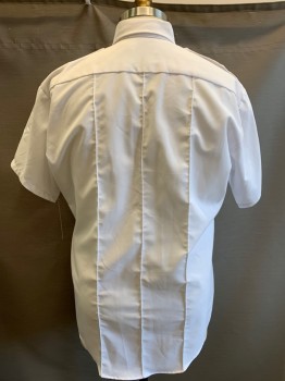 ELBECO, White, Poly/Cotton, Solid, Short Sleeves, Button Front, Collar Attached, Epaulets, 2 Pockets,