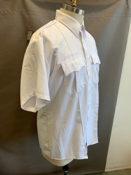 Mens, Fire/Police Shirt, ELBECO, White, Poly/Cotton, Solid, 17.5, Short Sleeves, Button Front, Collar Attached, Epaulets, 2 Pockets,