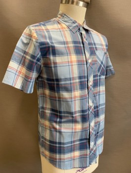 O'NEILL, Lt Blue, Navy Blue, Gray, Maroon Red, Cotton, Plaid, Short Sleeves, Button Front, Collar Attached, 1 Patch Pocket