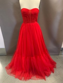 Womens, Evening Gown, NL, Red, Polyester, Nylon, W: 28, B: 34, Strapless, Structured Bodice With Boning, Pleated Tulle Over Bust, Lace Up Back, Tulle Skirt, Ruffle Hem, Ball Gown, Floor Length