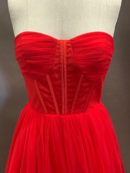 Womens, Evening Gown, NL, Red, Polyester, Nylon, W: 28, B: 34, Strapless, Structured Bodice With Boning, Pleated Tulle Over Bust, Lace Up Back, Tulle Skirt, Ruffle Hem, Ball Gown, Floor Length