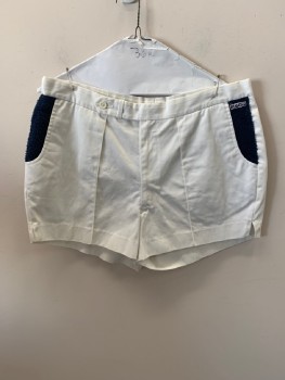 Mens, Shorts, RUGGER, White, Poly/Cotton, W36, Navy Terry Trim, Side Pockets, Zip Front, Pleated Front, 1 Pckt