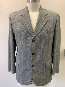 DIGEL, Gray, Black, White, Wool, Acetate, Glen Plaid, 1990s, Notched Lapel, Outer Breast Pocket 3 Buttons, 2 Pockets with Flaps