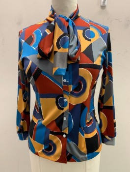 Womens, Blouse, THE SOFT BLOUSE, Teal Blue, Rust Orange, Tan Brown, Black, Polyester, Abstract , Geometric, B38, Button Front, Attached Neck Scarf Tie, L/S, with Button Cuffs