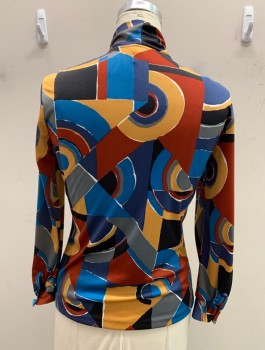 THE SOFT BLOUSE, Teal Blue, Rust Orange, Tan Brown, Black, Polyester, Abstract , Geometric, Button Front, Attached Neck Scarf Tie, L/S, with Button Cuffs