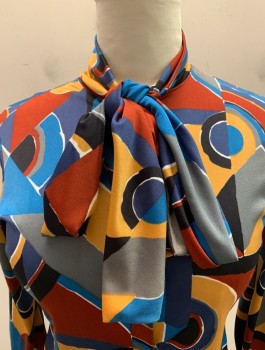 THE SOFT BLOUSE, Teal Blue, Rust Orange, Tan Brown, Black, Polyester, Abstract , Geometric, Button Front, Attached Neck Scarf Tie, L/S, with Button Cuffs