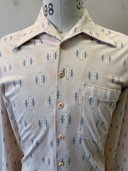 Mens, Shirt, Jc Penney, White, Brown, Blue, Polyester, Stripes, S, L/S, Button Front, C.A., Chest Pocket