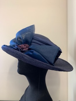 Womens, Straw Hat, WHITTAIL & SHON, Navy Blue, Straw, Solid, Wide Brim, Bow and Flowers Made From Straw