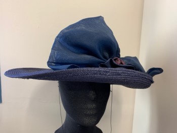 Womens, Straw Hat, WHITTAIL & SHON, Navy Blue, Straw, Solid, Wide Brim, Bow and Flowers Made From Straw