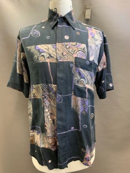 COLORE USA, Black, Purple, Pink, Gray, Silk, Abstract , S/S, Button Front, Collar Attached, Chest Pocket