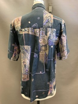 Mens, Casual Shirt, COLORE USA, Black, Purple, Pink, Gray, Silk, Abstract , S, S/S, Button Front, Collar Attached, Chest Pocket