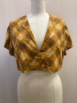 Womens, 1960s Vintage, Piece 1, N/L, W: 40, B: 42, H: 50, Jacket, Gold/ Multi-color, Gingham, Lapel, V Neck, S/S, DB. Cropped, With Matching Belt