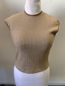 KORET OF CA, Brown, White, Polyester, Houndstooth, Pullover, Round Neck, 1/4 Zip Back, Sleeveless, Darts