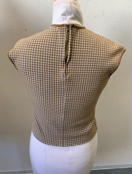 Womens, Top, KORET OF CA, Brown, White, Polyester, Houndstooth, M, Pullover, Round Neck, 1/4 Zip Back, Sleeveless, Darts