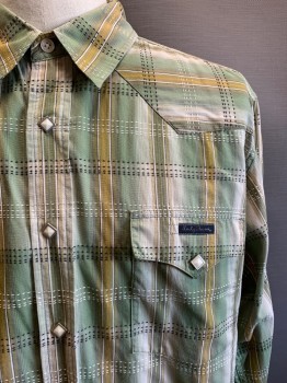 Lucky Brand, Sage Green, Moss Green, Gold, White, Black, Cotton, Plaid, L/S, Snap Button Front, C.A., Bat Wing Chest Pockets