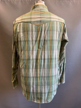 Lucky Brand, Sage Green, Moss Green, Gold, White, Black, Cotton, Plaid, L/S, Snap Button Front, C.A., Bat Wing Chest Pockets