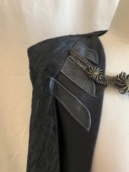Mens, Robe, MTO, Black, Metallic, Polyester, OS, Padded Shoulders, Large Brass & Black Metal Chain Closure, Diagonal Textured Pleather Strips On Chest, Textured Black On Black Weave On Inner Vest