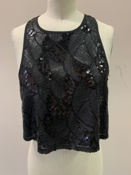 Womens, Top, SAFETY PINS, Black, Polyester, Mosaic Pattern, S, Sleeveless, Crew Neck, Sequins, Cropped, Back Button
