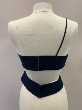 Womens, Top, MICHELLE MASON, Navy Blue, Polyester, Solid, W27, B32, Asymmetrical, 1 Strap, Cutout Back, Hook & Eyes Closure On Back Straps